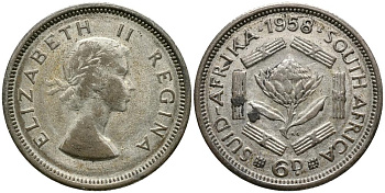 ЮАР 6 ПЕНСОВ 1958 ЕЛИЗАВЕТА II (1952-), ПРОБА 500, ДИАМЕТР 19,41 ММ. KM 48 серебро 4549-446