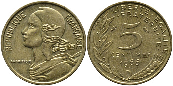 ФРАНЦИЯ 5 САНТИМОВ 1966 ТИП MARIANNE KM 933, LE FRANC 125.2 алюминиевая бронза 176-631