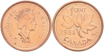 КАНАДА 1 ЦЕНТ 1998 КЛЕНОВЫЙ ЛИСТ, ЕЛИЗАВЕТА II KM 289 сталь плакированная медью 112-114