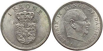 ДАНИЯ 1 КРОНА 1962 C; S, ФРЕДЕРИК IX (1947-1972) KM 851.1 медно-никель 4398-1032