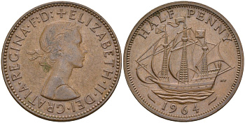 Великобритания 1/2 пенни 1964 Елизавета II (1952-2022) KM 896, Spink 4158 бронза 4153-844