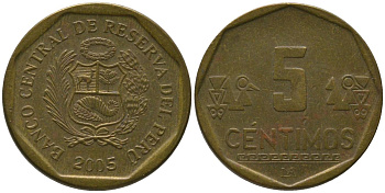 Перу 5 сентимо 2005 LIMA KM 304.4, Schon 103 латунь 4532-1237