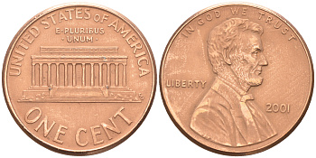 США 1 ЦЕНТ 2001 ЛИНКОЛЬН KM 201b цинк плакированный медью 188-347