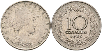 Австрия 10 грошей 1925 ЖЕНЩИНА В ТИРОЛЬСКОЙ ШЛЯПКЕ KM 2838 медно-никель 4571-241