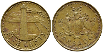 Барбадос 5 центов 1988 маяк Саут-Пойнт KM 11 латунь 4398-537