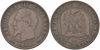 Франция 5 сантимов 1856 BB, Наполеон III (1852-1870) KM 777.3, LE FRANC 116.32 бронза 108-423