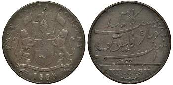 Британская Индия 20 кэш 1803 Мадрасское президентство KM 321 медь 4557-915