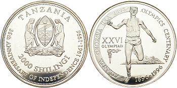 Танзания 2000 шиллингов 1996 XXVI Олимпийские игры 1996 года в Атланте, 100 лет Олимпийскому движению, финиш пробник, гладкий гурт серебро PROOF 06-156-33