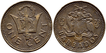 Барбадос 1 цент 1973 сломанный трезубец Британии KM 10 бронза 4396-1252