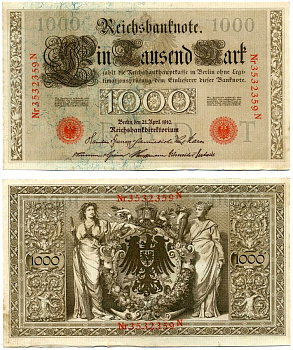 Германия 1000 Марок 1910 21 апреля 1910, Буква T, номер семизначный, серия N, Выпуск (09.1922) Pick 44b, Розенберг 45с бумага 8618-24-1-1