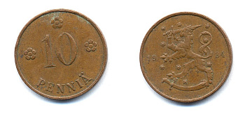 Финляндия 10 пенни 1934 республика (1918-1962) KM 24 медь 51-5413