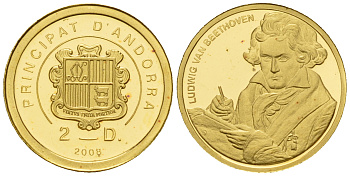 Андорра 2 динера 2008 Людвиг ван Бетховен KM 269 золото PROOF 00-801-29