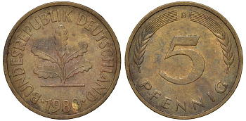 ФРГ 5 пфеннигов 1980 D KM 107, J.382 сталь плакированная латунью 4174-527