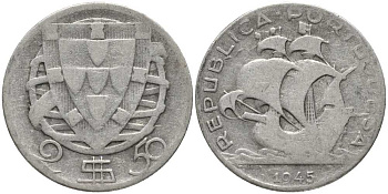 Португалия 2,50 эскудо 1945 парусник КМ 580 серебро 202-411