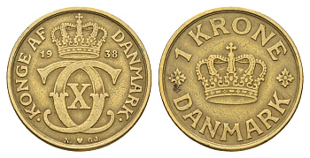 Дания 1 крона 1938 KM 824 алюминиевая бронза 84-854