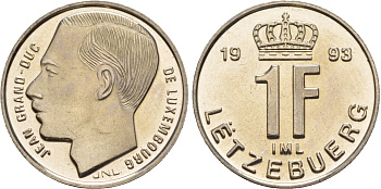 Люксембург 1 франк 1993 Великий герцог Жан (1964-2000), тираж 10.000 экземпляров KM 63 сталь плакированная никелем  BU  4635-1217