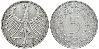 ФРГ 5 марок 1951 J (Гамбург), J. 387, KM 112.1 серебро 4178-836