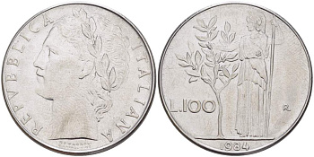 ИТАЛИЯ 100 ЛИР 1984 R, АФИНА, ДИАМЕТР 28 ММ. KM 96.1 нержавеющая сталь 4531-115
