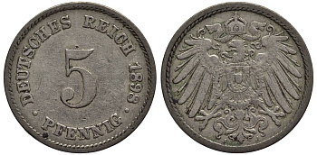 Германия 5 пфеннигов 1898 J KM 11, Jager 12, Weege 6 медно-никель 4547-361
