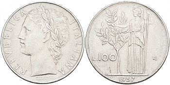 ИТАЛИЯ 100 ЛИР 1957 R, АФИНА KM 96.1 нержавеющая сталь 3855-735