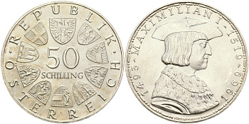 Австрия 50 шиллингов 1969 450 лет со дня смерти Максимилиана I KM 2906 серебро UNC 04-322-43