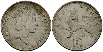 Великобритания 10 пенсов 1992 Елизавета II (1952-2022) KM 938b, Spink 4367 (F4) медно-никель 4167-541