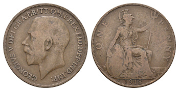Великобритания 1 пенни 1918 H, Георг V (1910-1936) KM 810, Spink 4052 бронза 4661-542