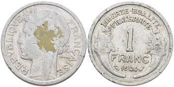 ФРАНЦИЯ 1 ФРАНК 1944 ТИП MORLON, LEGERE KM 885а.1, LE FRANC 221.3 алюминий 212-911