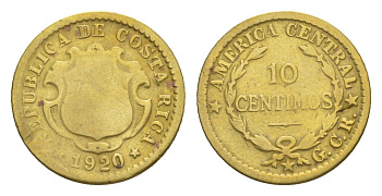 Коста-Рика 10 сентимо 1920 KM 152 латунь 4644-328
