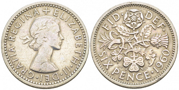 Великобритания 6 пенсов 1960 Елизавета II (1952-2022) KM 903, Spink 4149 медно-никель 3718-256