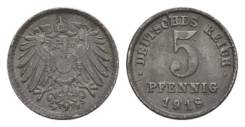 Германия 5 пфеннигов 1918 F KM 19, J. 297 железо плакированное цинком 4644-1117
