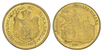 Сербия 5 динаров 2023 KM 56a сталь плакированная латунью UNC 4650-617