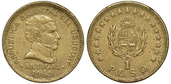 Уругвай 1 песо 1965 KM 46 алюминиевая бронза 190-1123