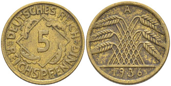 ГЕРМАНИЯ 5 РЕЙХСПФЕННИГОВ 1936 А KM 39, J. 316, Weege 7 алюминиевая бронза 3309-1254