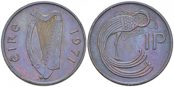 ИРЛАНДИЯ 1 ПЕННИ 1971 ПТИЧКА KM 20 бронза 3955-528