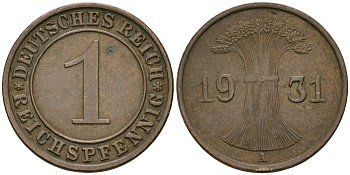 Германия 1 рейхспфенниг 1931 A KM 37, J. 313 бронза 4189-1137