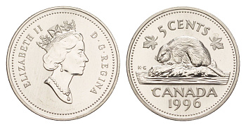 Канада 5 центов 1996 Елизавета II (1952-2022), бобр, specimen KM 182 медно-никель BU 4639-524