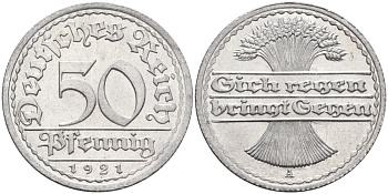 Германия 50 пфеннигов 1921 A KM 27, J.301, Weege 10 алюминий UNC 4584-843