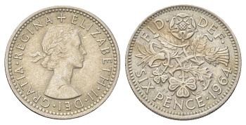 Великобритания 6 пенсов 1964 Елизавета II (1952-2022) KM 903, Spink 4149 медно-никель 4625-514