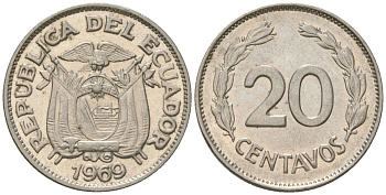 Эквадор 20 сентаво 1969 KM 77.1c сталь плакированная никелем 4611-713