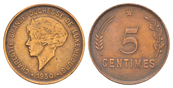 Люксембург 5 сантимов 1930 год-тип, Шарлотта (1918-1964) KM 40 бронза 4668-1126