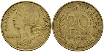 Франция 20 сантимов 1968 тип Marianne KM 930 алюминиевая бронза 4390-1123