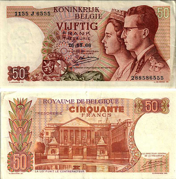 БЕЛЬГИЯ 50 ФРАНКОВ 1966 16 МАЯ 1966, ПОДПИСЬ 20 Pick 139 бумага 8606-54-1-1