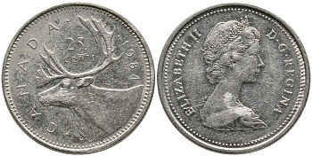 КАНАДА 25 ЦЕНТОВ 1984 ЕЛИЗАВЕТА II (1952-), ОЛЕНЬ, ВТОРОЙ ПОРТРЕТ В КОРОНЕ KM 74 никель 4543-746