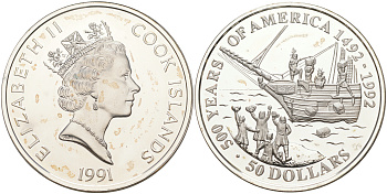 ОСТРОВА КУКА 50 ДОЛЛАРОВ 1991 500 ЛЕТ ОТКРЫТИЮ АМЕРИКИ, БОСТОНСКОЕ ЧАЕПИТИЕ, ВЕС 31,1035 ГР. KM 192 серебро PROOF 1074-7-32