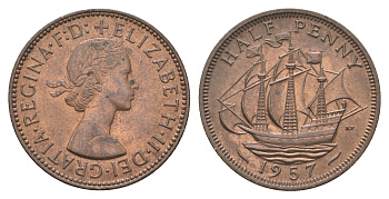 Великобритания 1/2 пенни 1957 Елизавета II (1952-2022) KM 896, Spink 4158 бронза aUNC 4662-1143