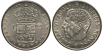 Швеция 1 крона 1973 Густав VI Адольф (1950-1973) KM 826а медь плакированная медно-никелем VF 4182-613