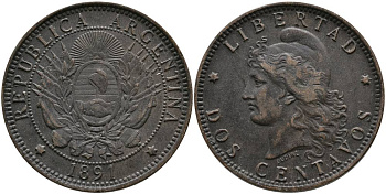 Аргентина 2 сентаво 1891 голова свободы влево KM 8 бронза 4531-1046
