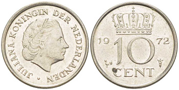 Нидерланды 10 центов 1972 Юлиана (1948-1980) KM 182 никель 214-1259