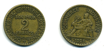 ФРАНЦИЯ 2 ФРАНКА 1925 KM 877 алюминиевая бронза 84-132